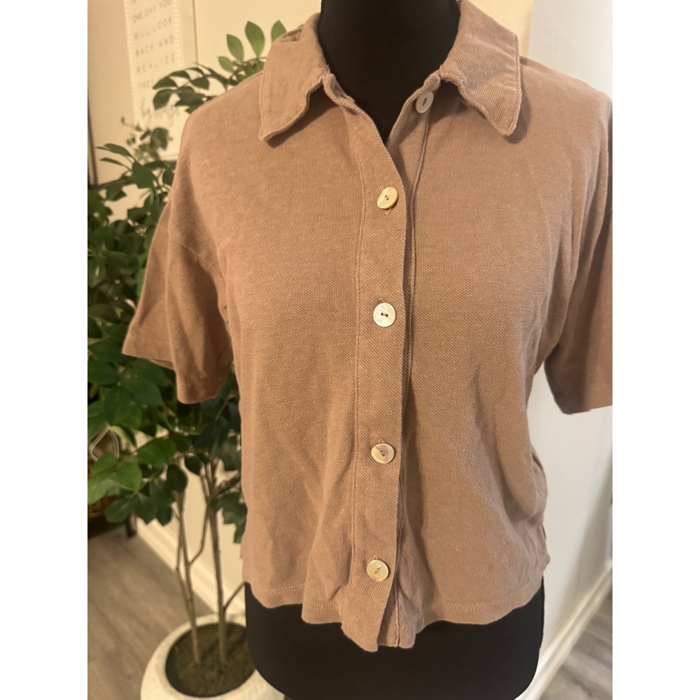 Madewell Hemp Cotton Knit Button Down Shirt Mauve Tan XXS hemp and cotton